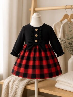 NWT Christmas Holiday Dress Buffalo Plaid Bow and Wood Button Detail Size 6-12mo